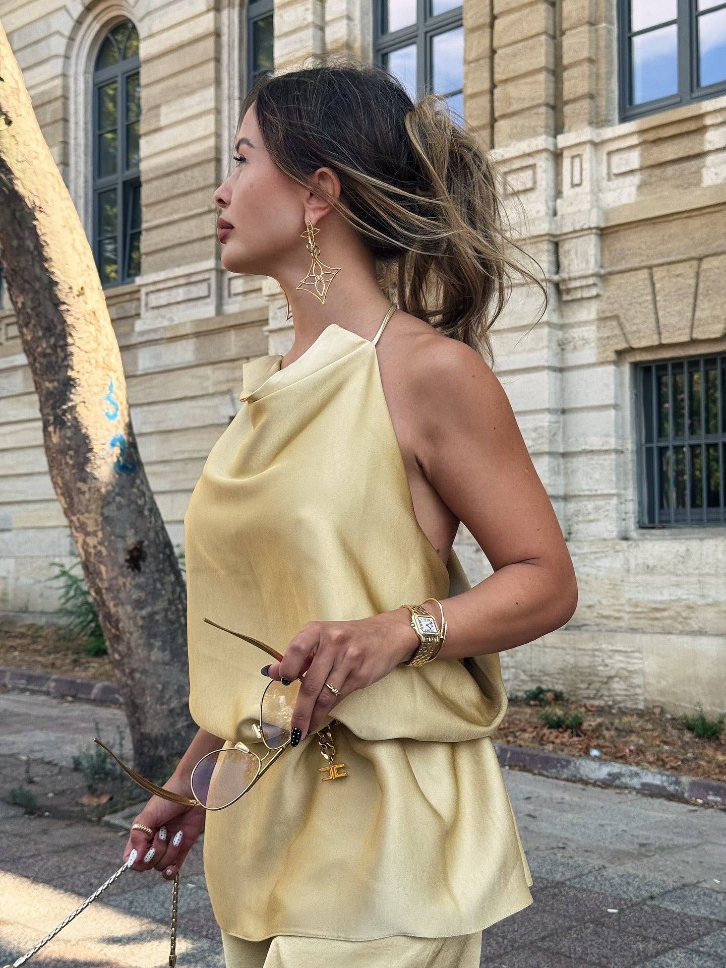 Beige Satin Halter Neck and Lantern Pants Set