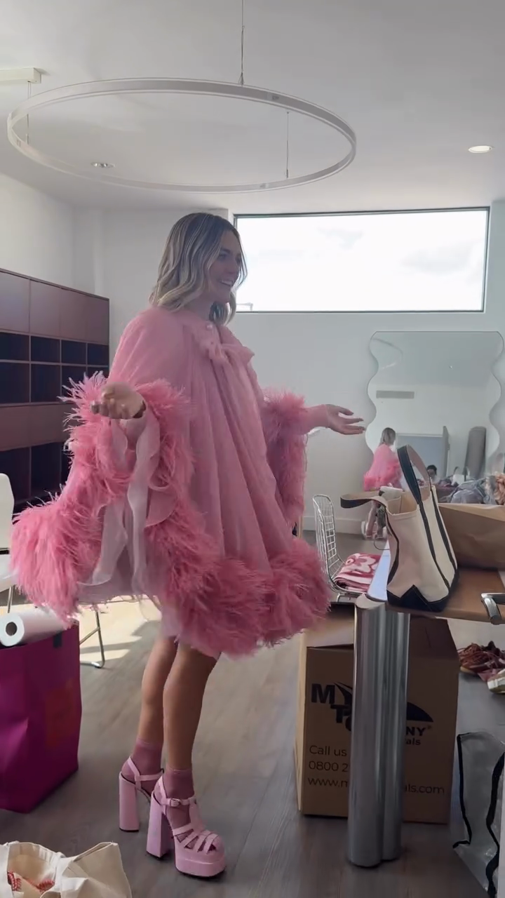 Pink Feather - Trimmed Cape Dress