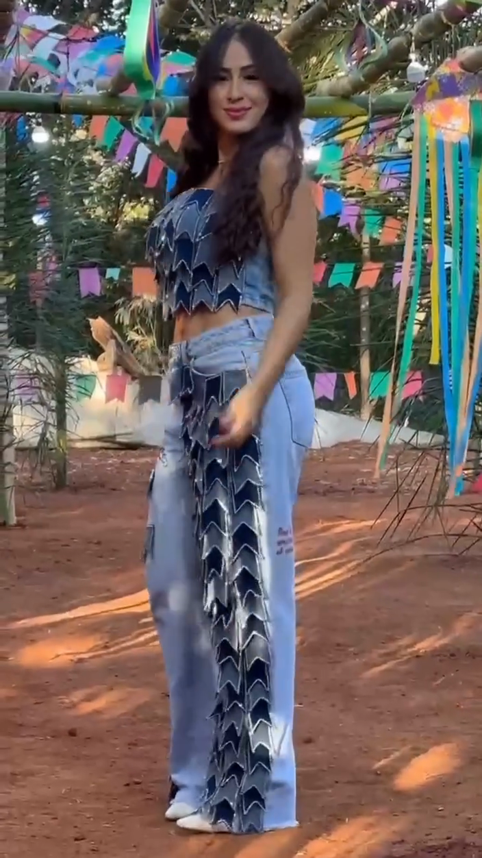 Denim Off-Shoulder Cropped Top and Wide-Leg Pants Set