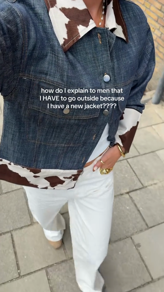 Denim Jacket with Cow - Print Collar and Trim