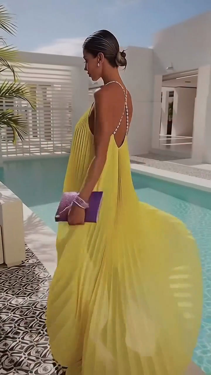 Yellow Pleated Halter Maxi Dress