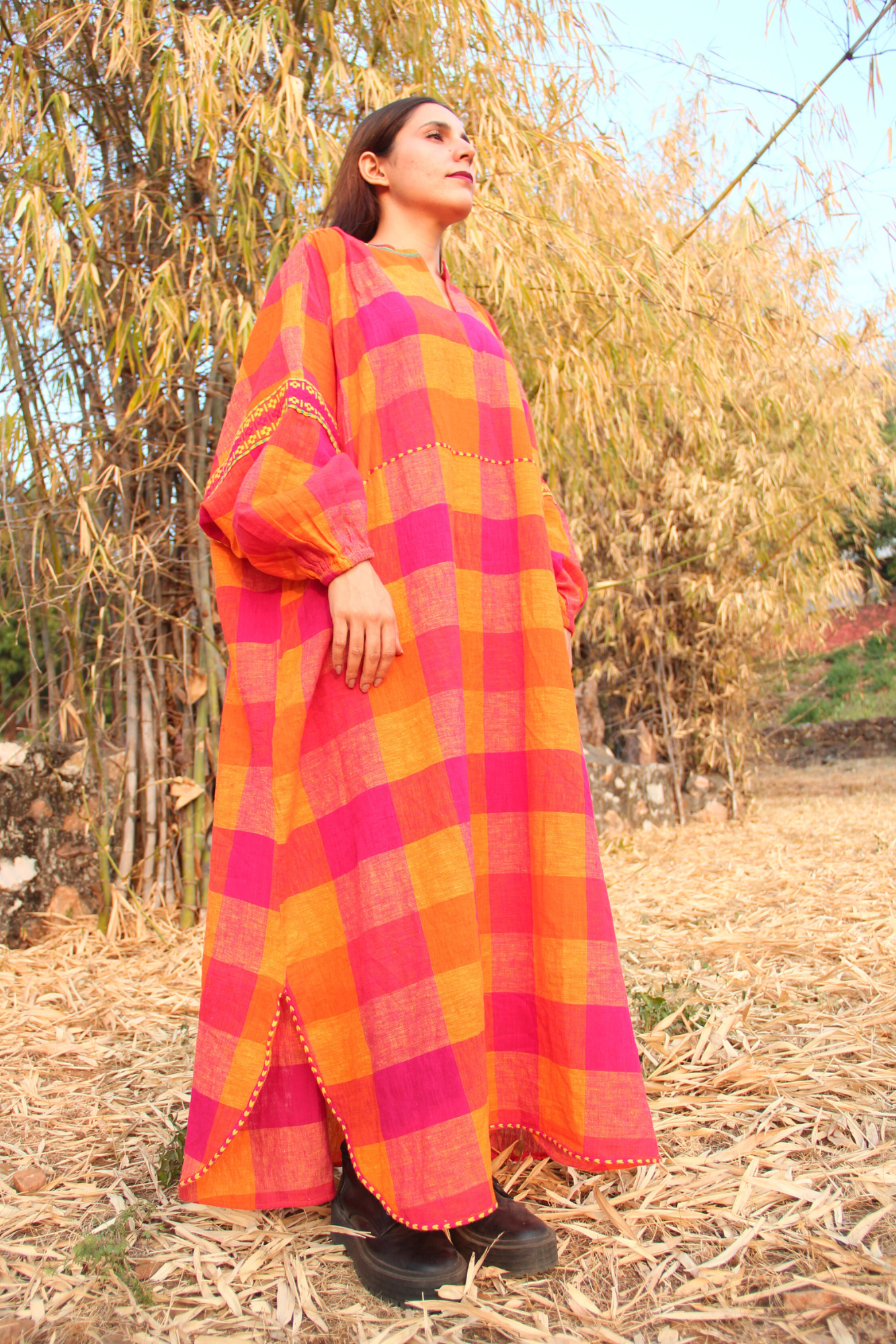 Vibrant Pink and Orange Checkered Maxi Dress