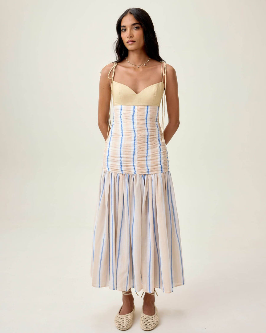 Beige and Blue Striped Midi Dress