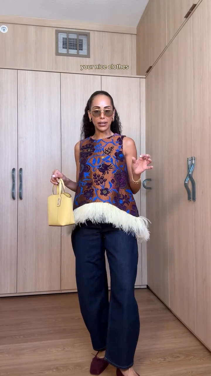 Brown Blue - Floral Embroidered Feather - Trimmed Top