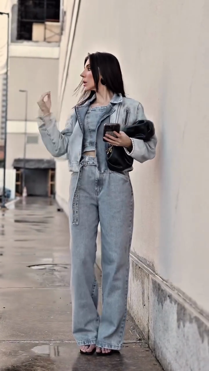 Light Wash Denim Jacket and Wide Leg Jeans Set