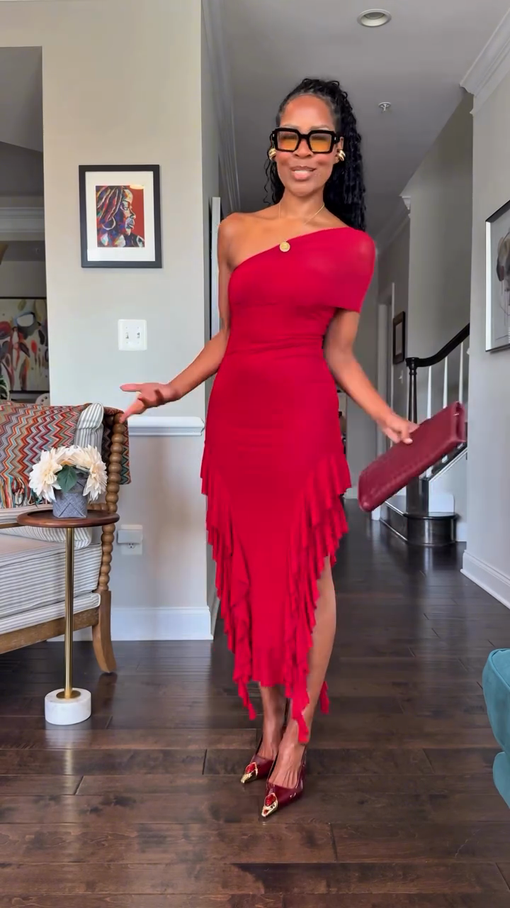 One - shoulder Ruffled Midi Dress