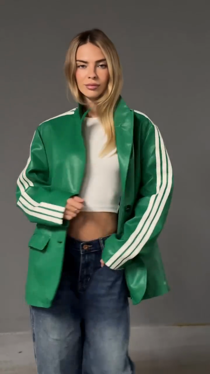 Green Faux Leather Jacket with White Striped Sleeves