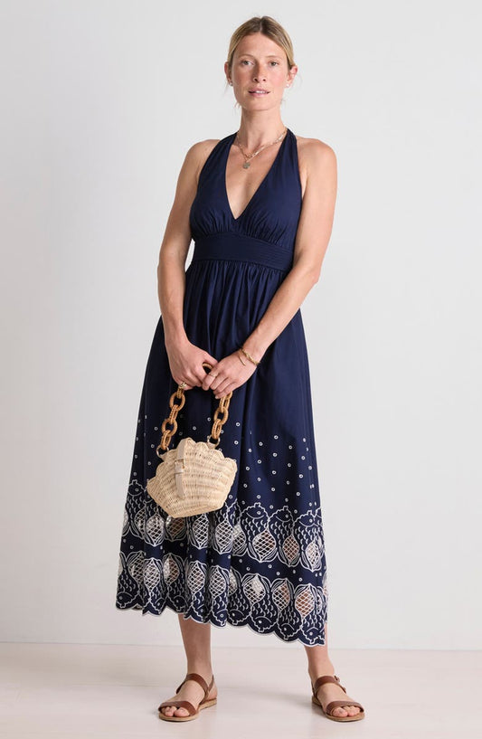 Navy Blue Embroidered Hem Halter Neck Midi Dress