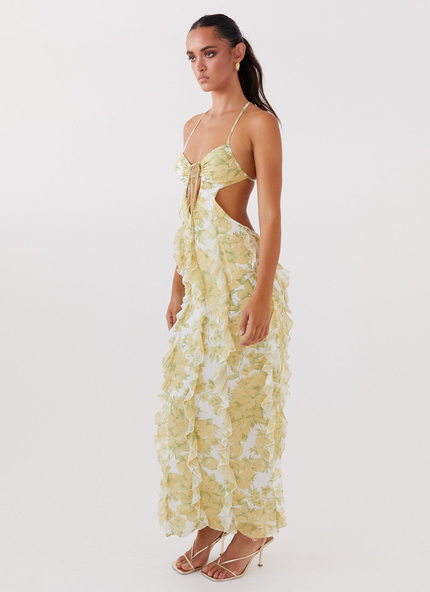 Yellow Floral Halter Neck Cut - Out Maxi Dress