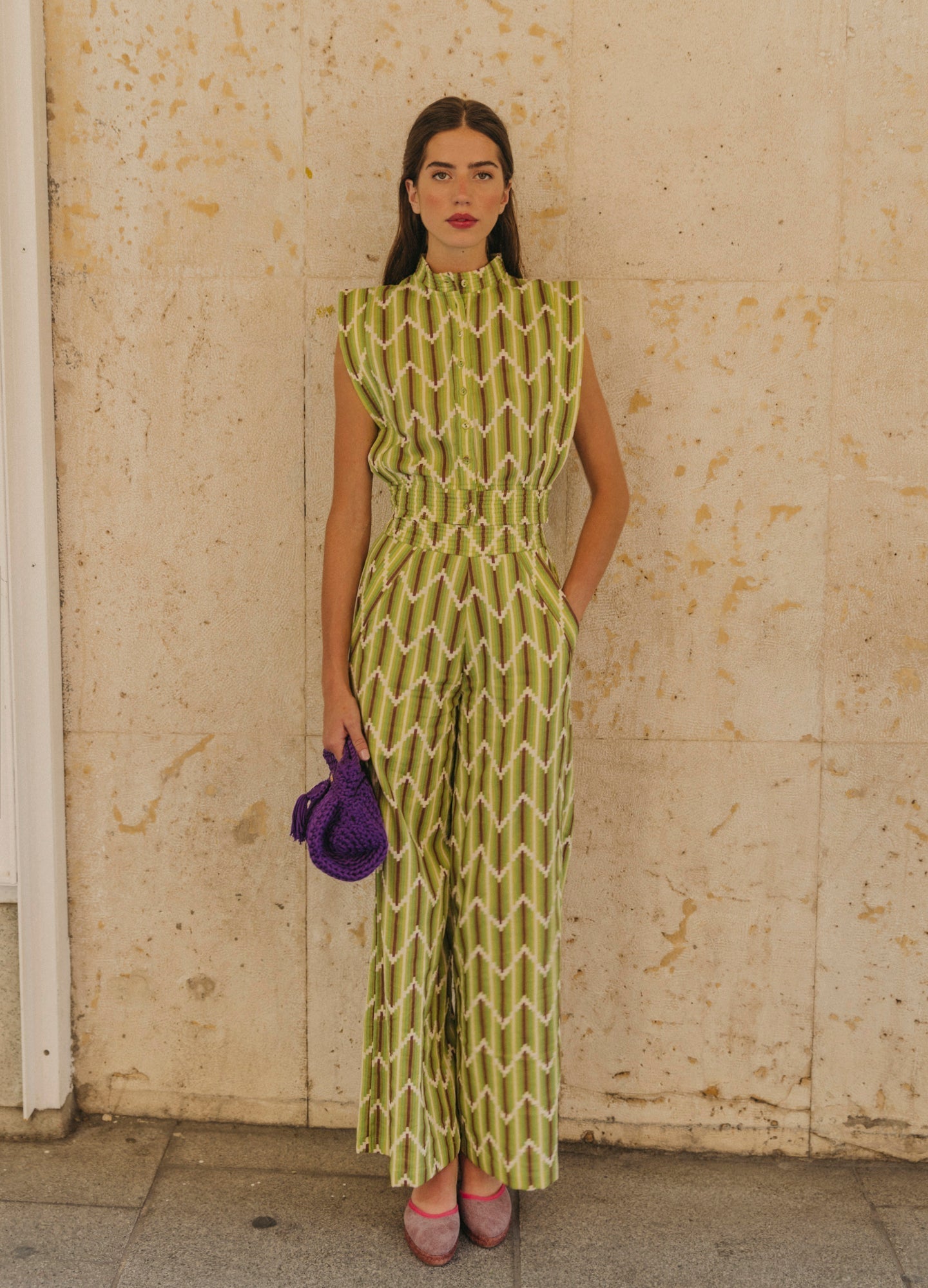 Green Striped Sleeveless Top and Wide - leg Pants Set