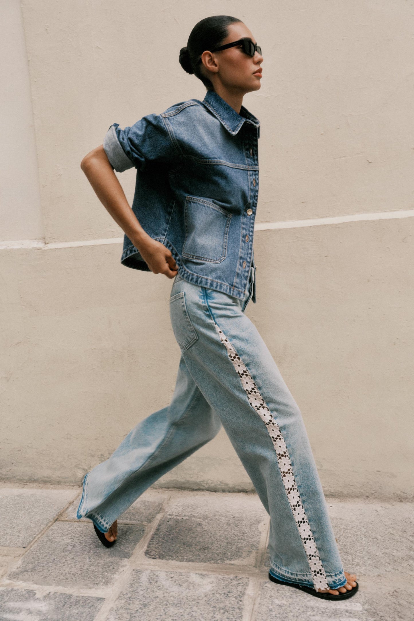 Light Blue Wide - Leg Jeans with Lace Trim