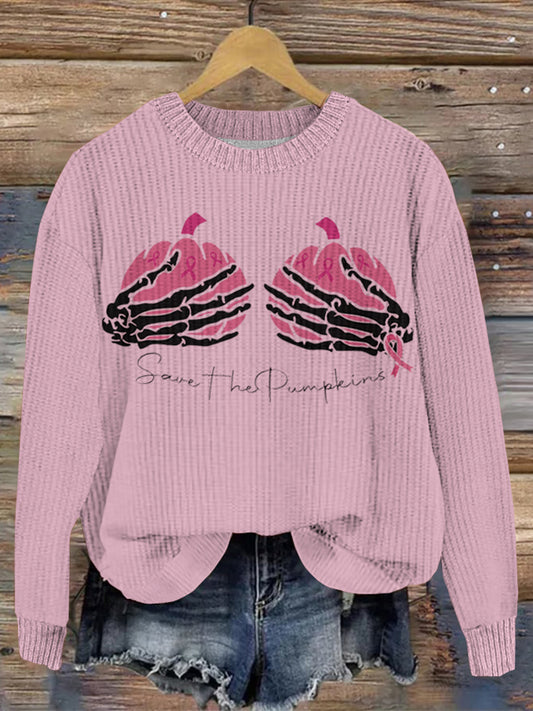 Pink Pumpkin Skull Embroidery Art Women's Sweater