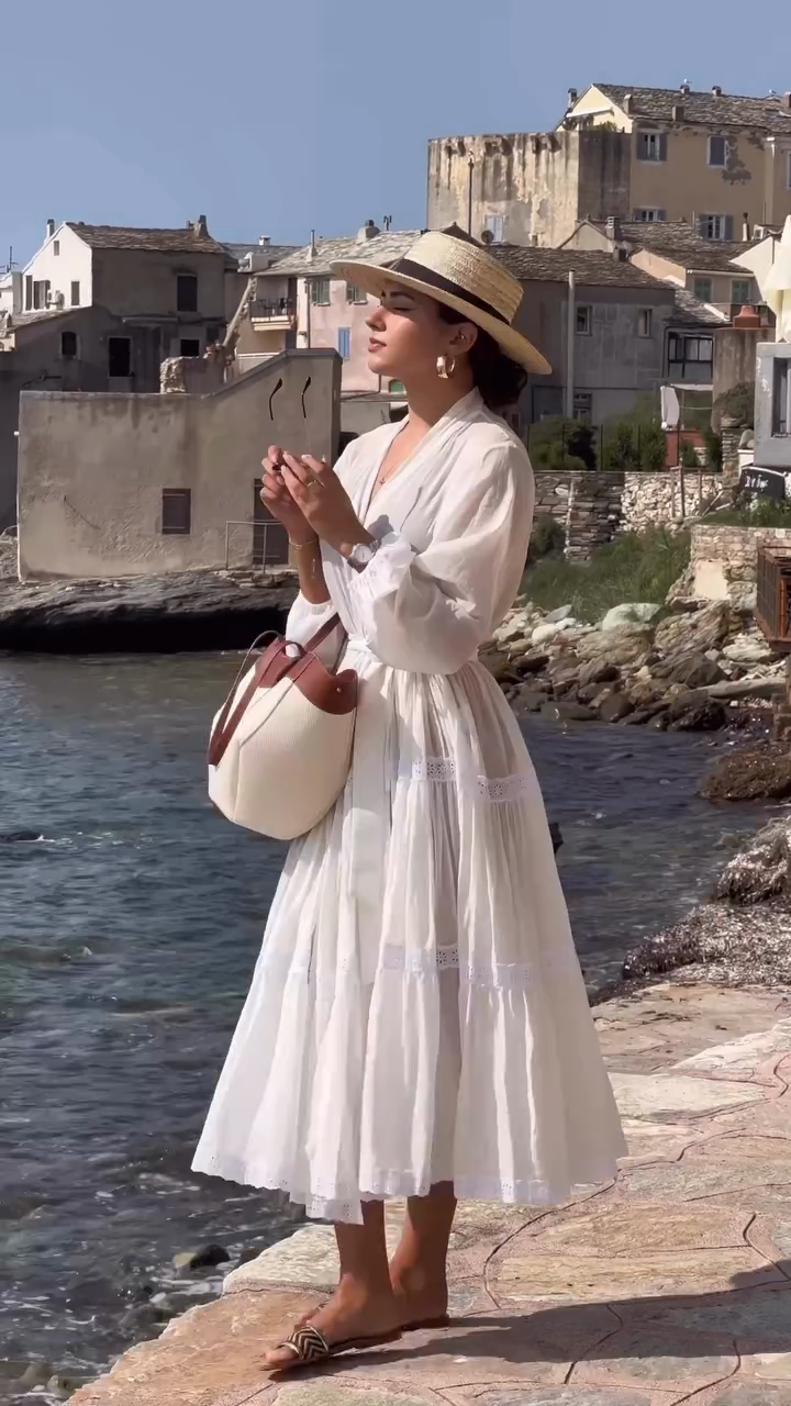 White Embroidered Maxi Dress with Belt