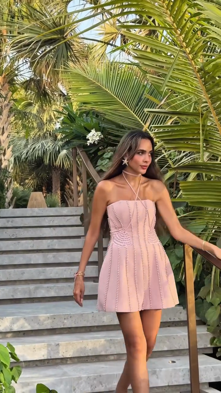 Pink Pearl - Embroidered Strapless Mini Dress