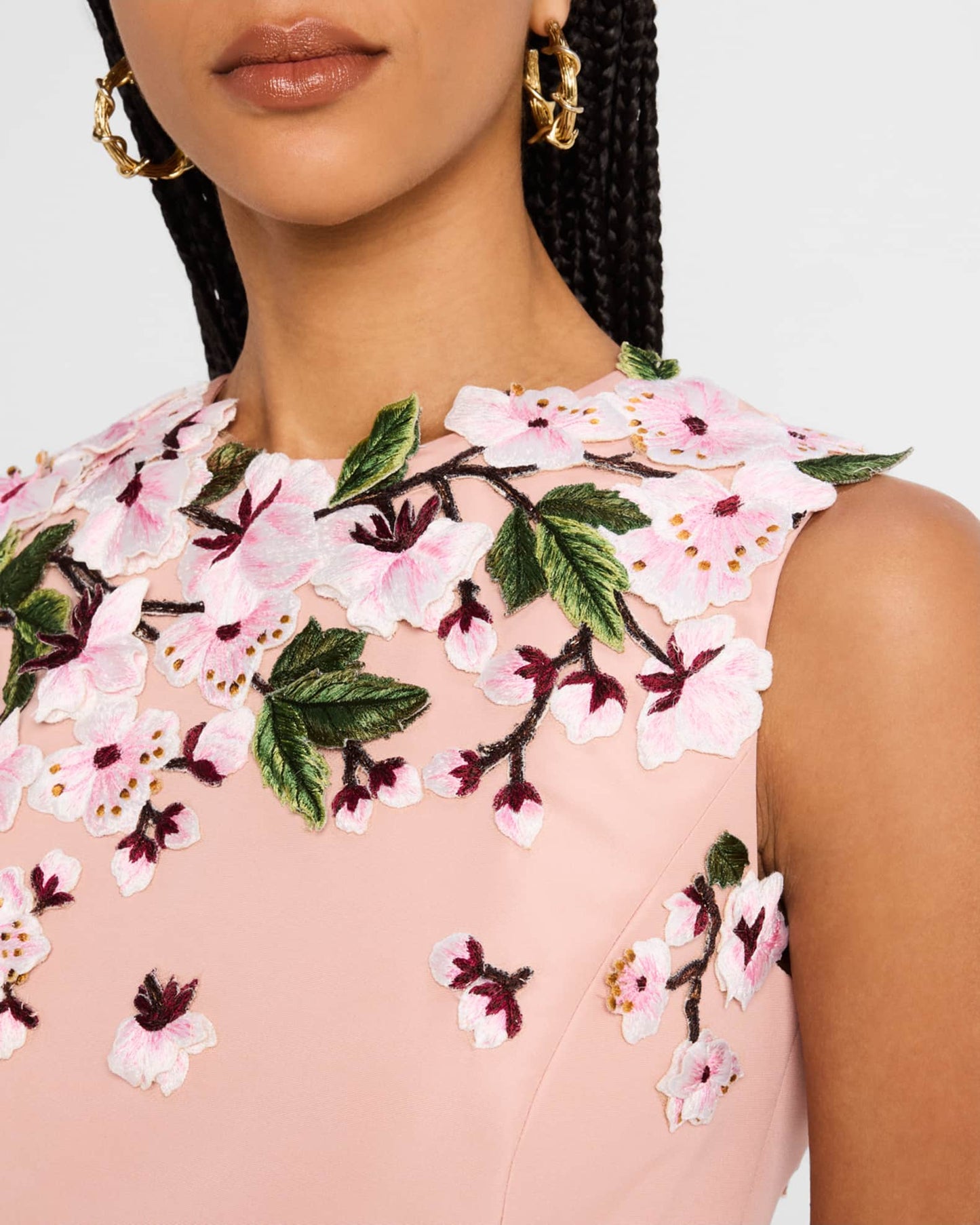 Pink Floral - Embroidered Sleeveless Midi Dress