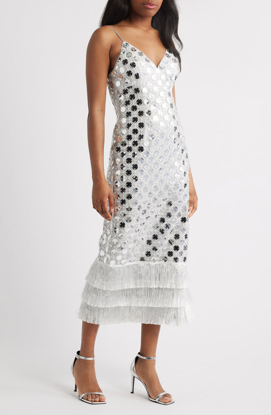 Sequin - Embellished Fringed Midi Dress