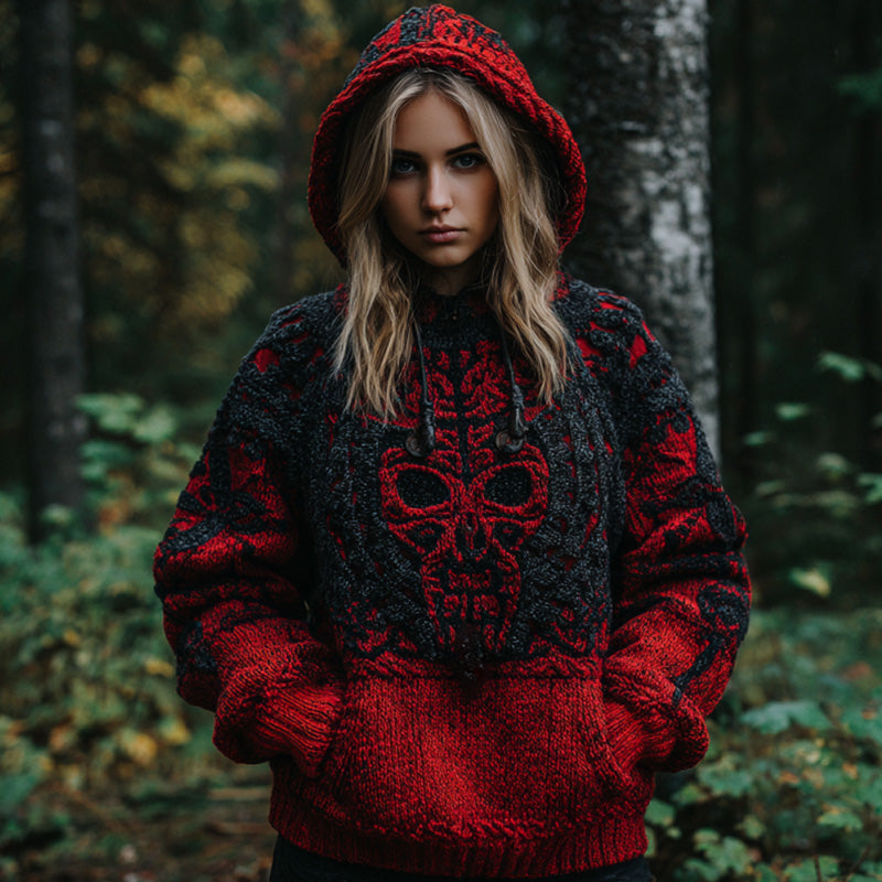 Women's Vintage Viking Tribal Celtic Skull Gradient Art Chunky Knit Hooded Sweater
