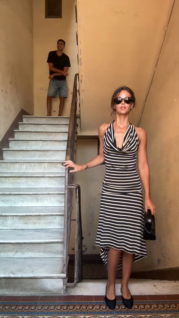 Black and White Striped Halter Dress