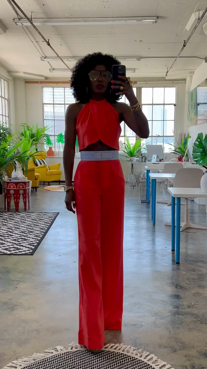 Red Halter Crop Top and Wide - leg Pants Set