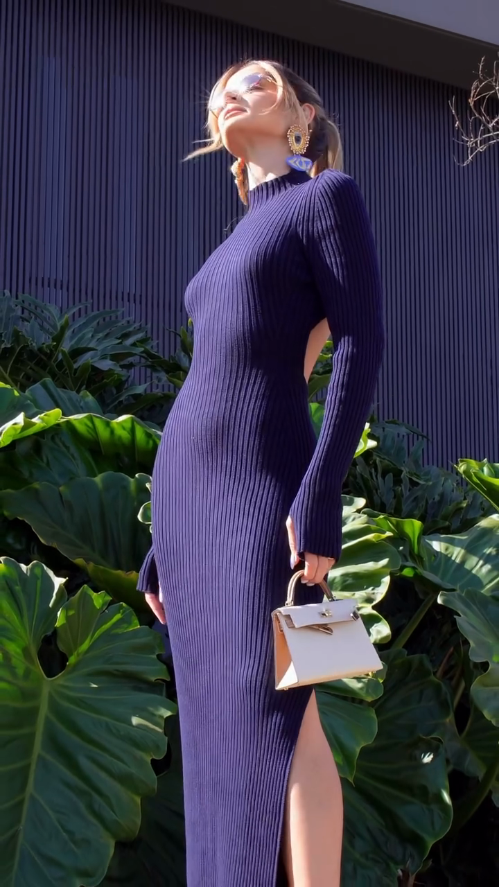 Navy Blue High - neck Ribbed Maxi Dress