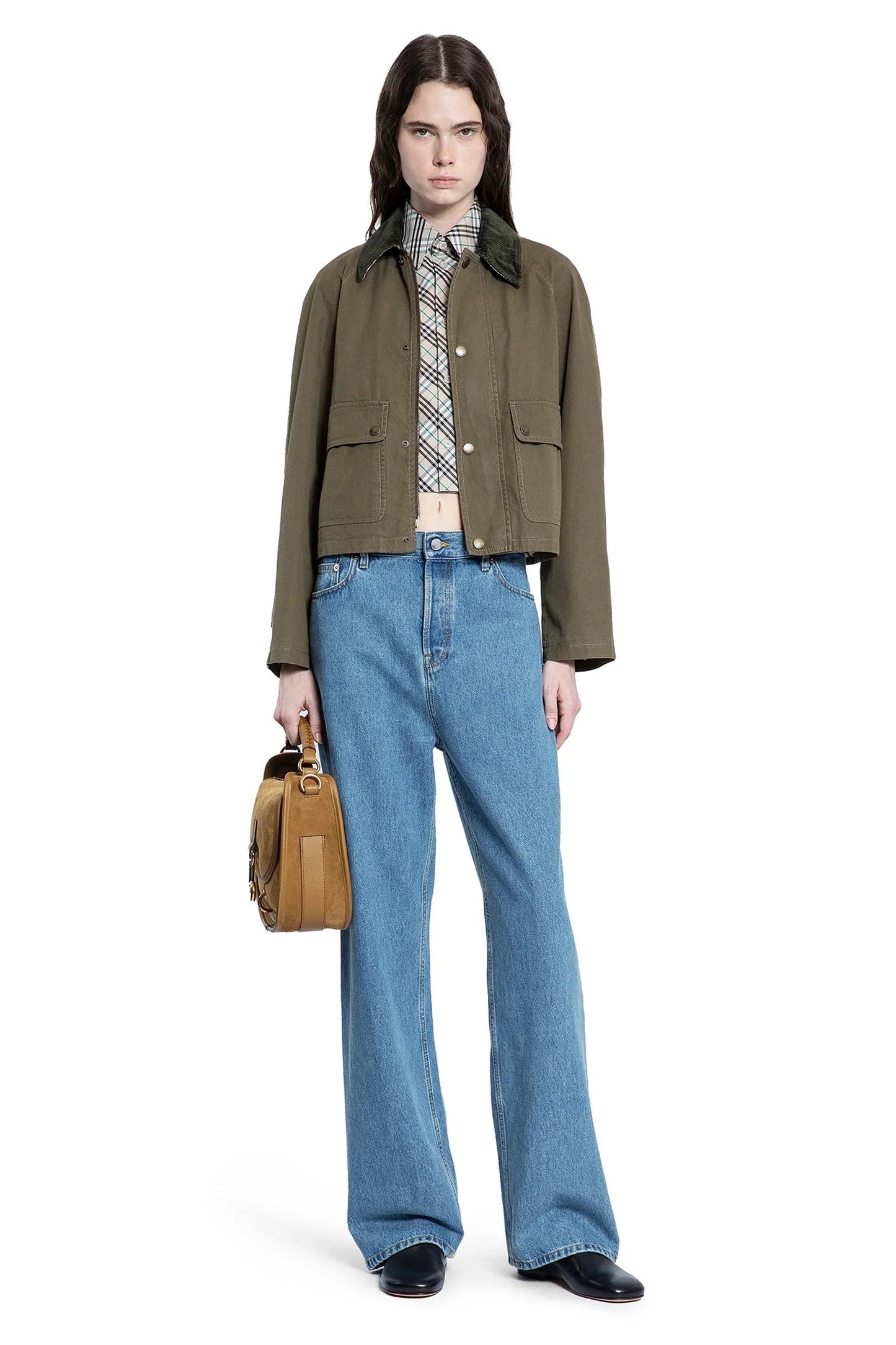 Olive Green Cropped Jacket with Corduroy Collar