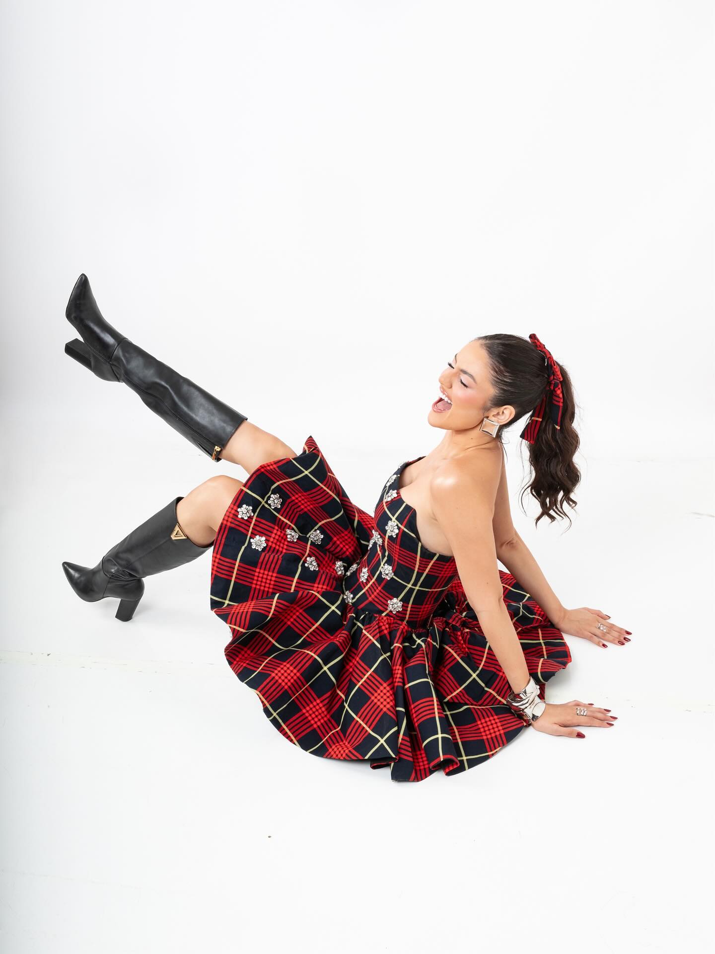 Red and Black Plaid Strapless Mini Dress
