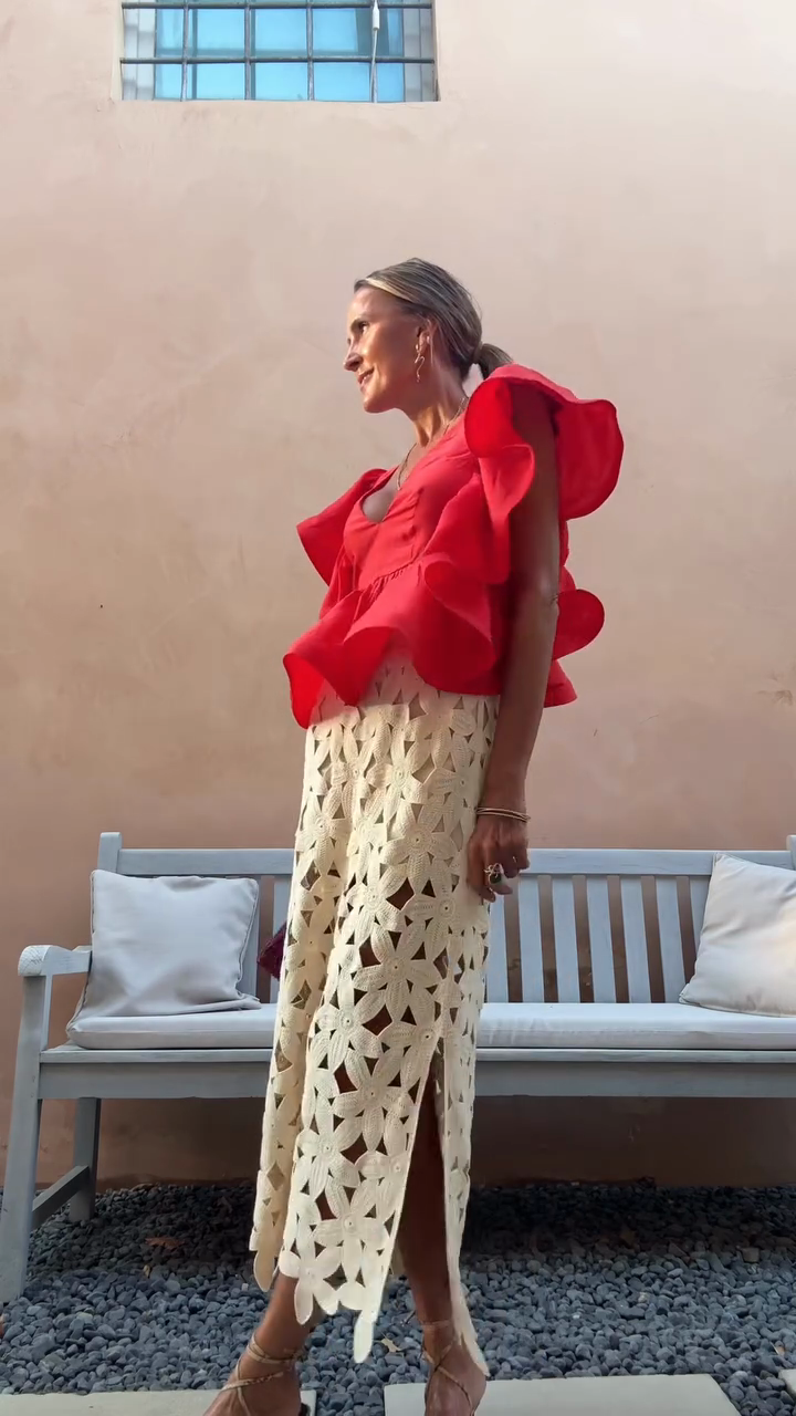 Red Ruffle Top and Crochet Midi Skirt Set