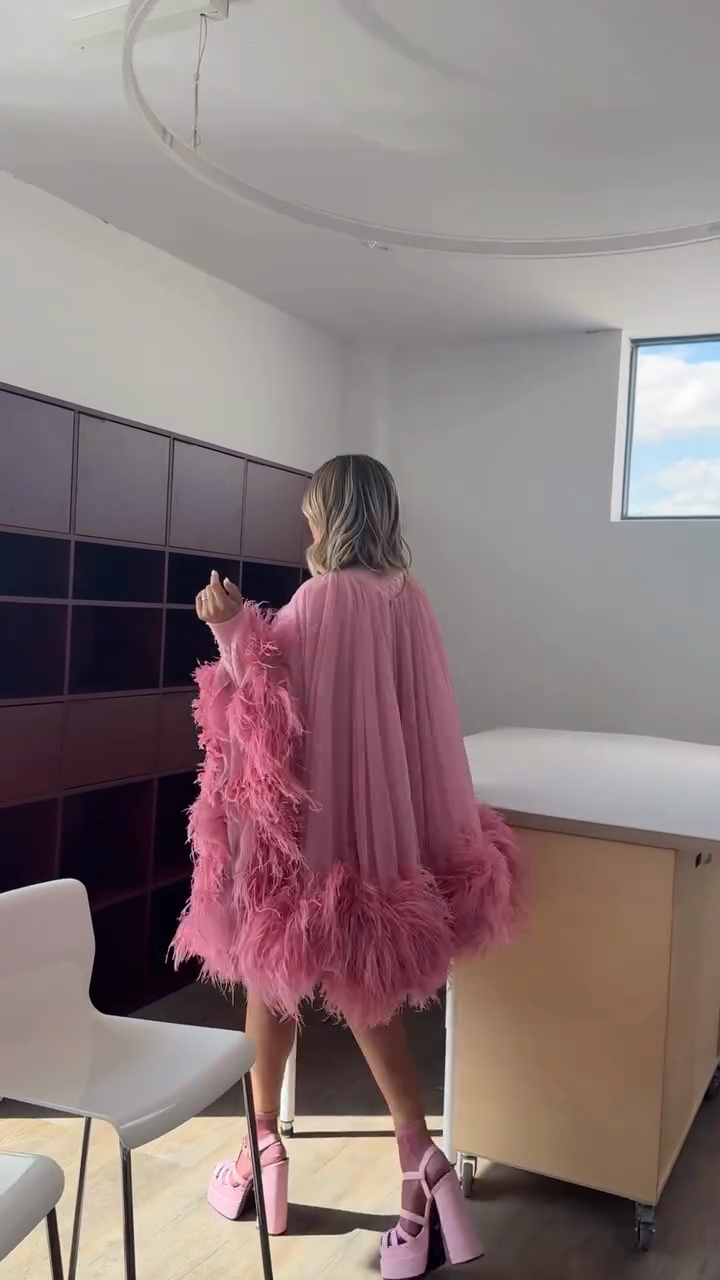 Pink Feather - Trimmed Cape Dress