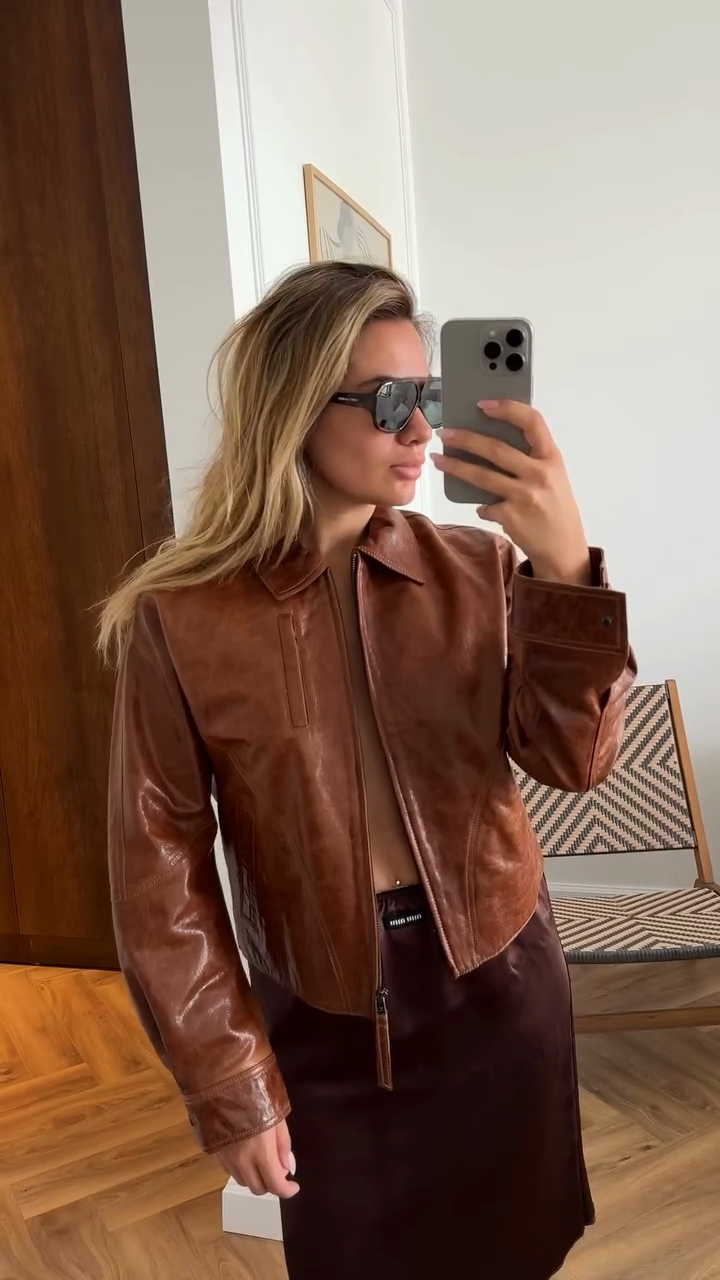 Brown Cropped Leather Jacket