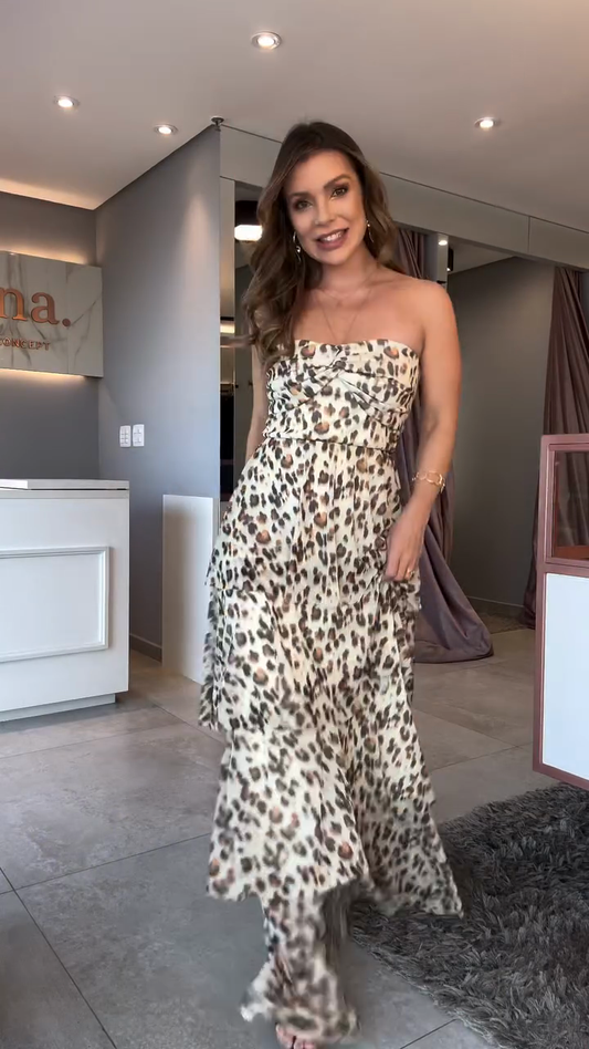 Leopard - Print Strapless Tiered Maxi Dress