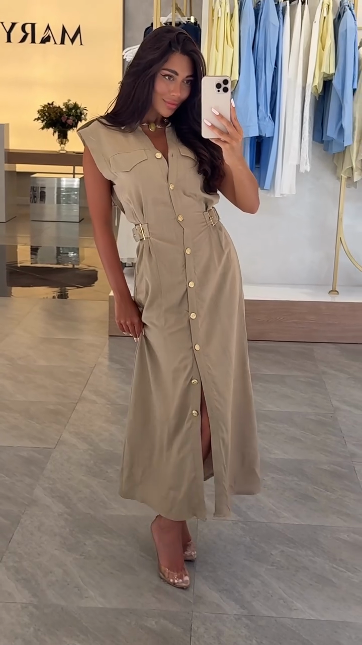 Khaki Sleeveless Button - down Midi Dress