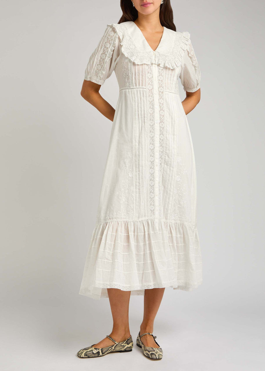 White Embroidered Midi Dress with Ruffled Collar