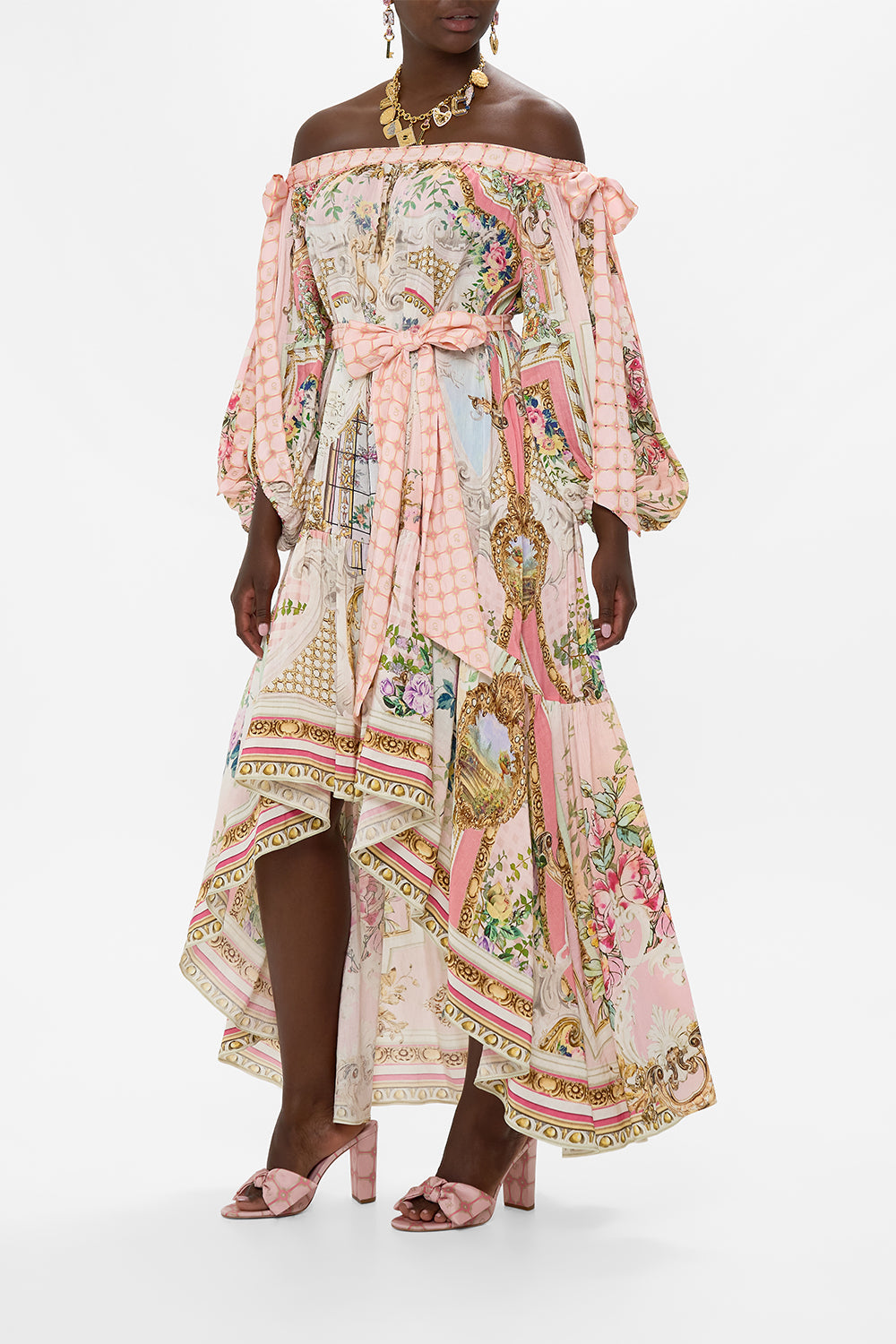 Pink Off - Shoulder High - Low Maxi Dress with Ornate Print