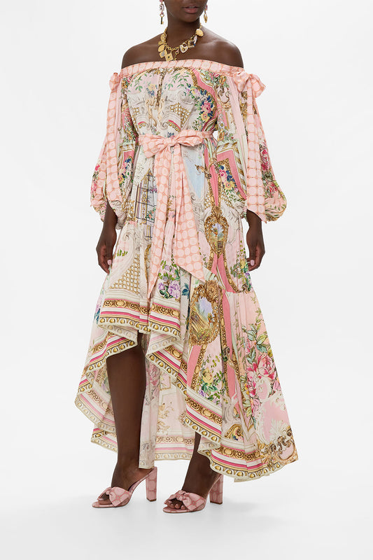 Pink Off - Shoulder High - Low Maxi Dress with Ornate Print