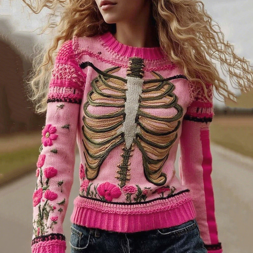 Vintage Halloween Anatomy With Floral Art Chunky Knitted Sweater