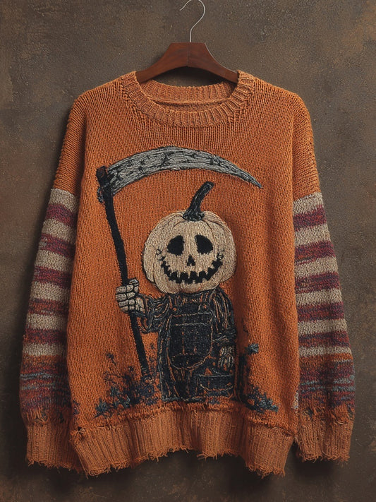 Halloween Pumpkin Ghoul Embroidered Striped Cozy Knitted Sweater