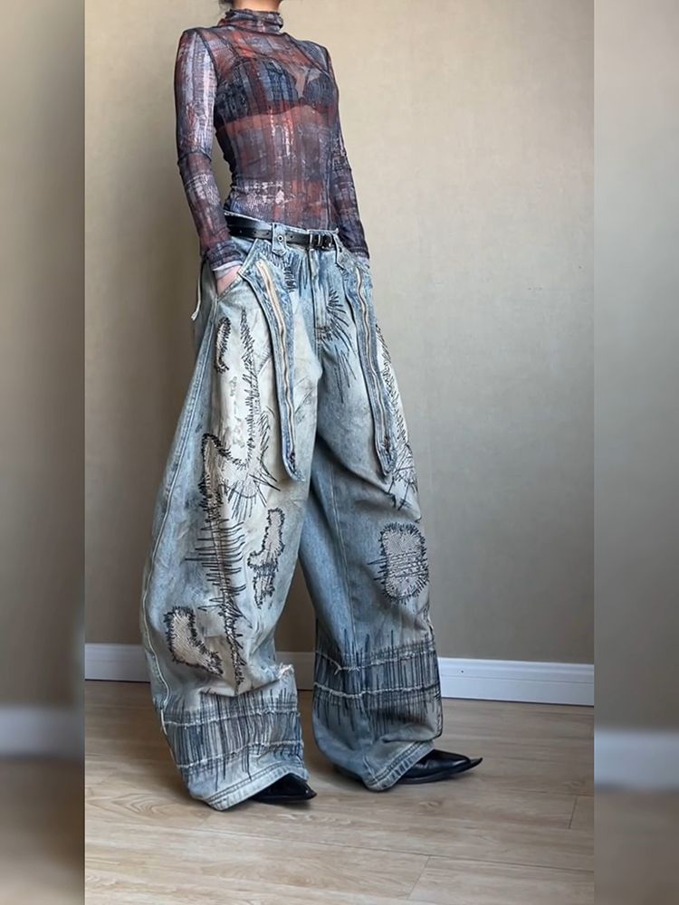 Embroidered Wide - Leg Denim Trousers