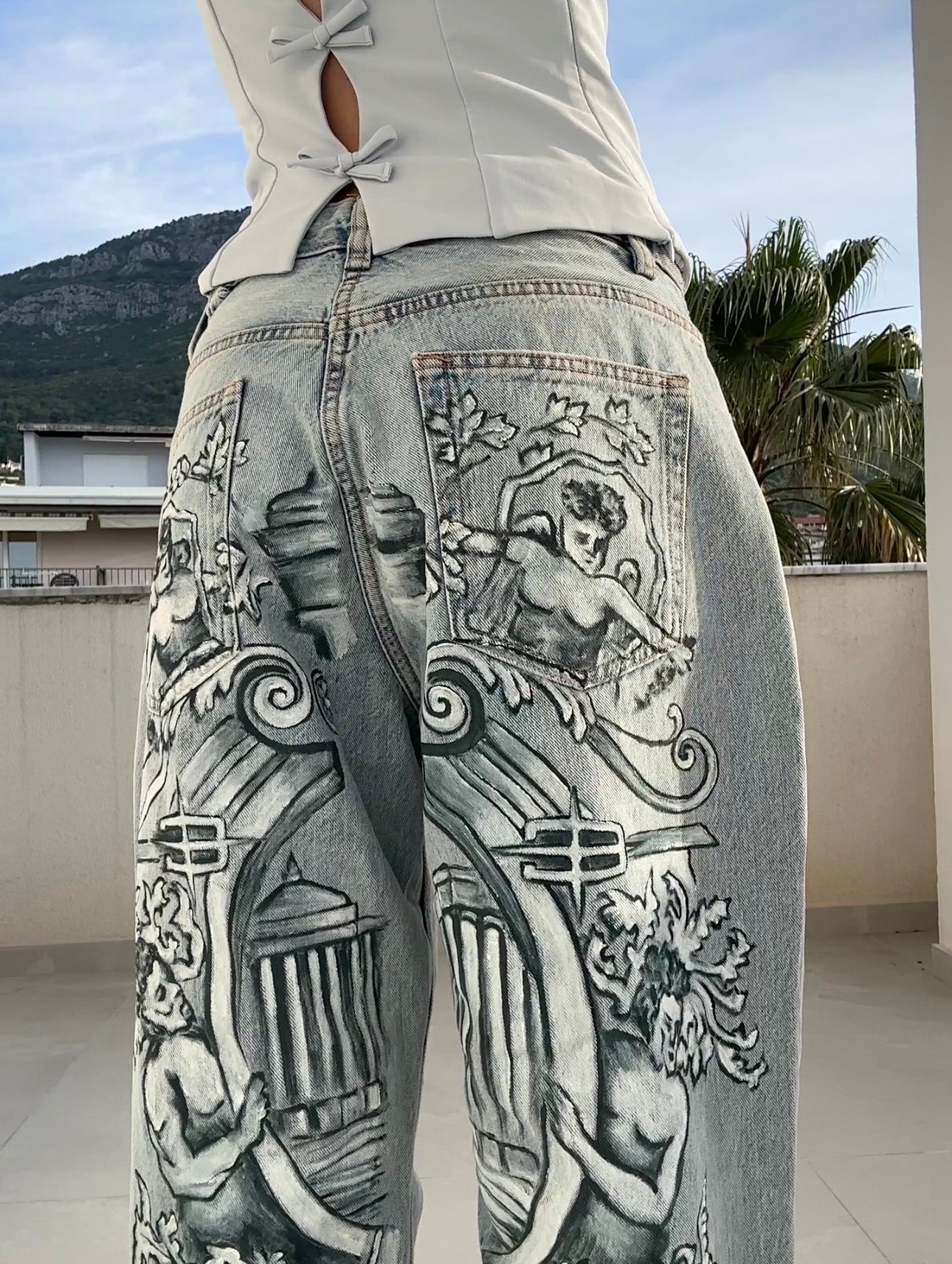 Light blue Baroque hand-painted jeans