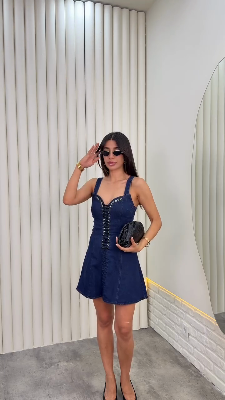 Dark Blue Denim Lace - up Mini Dress