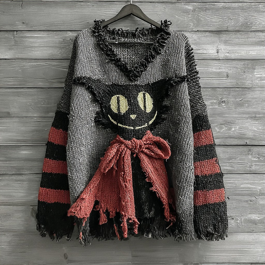Halloween Caped Black Cat Striped Knitted Cozy V-neck Sweater