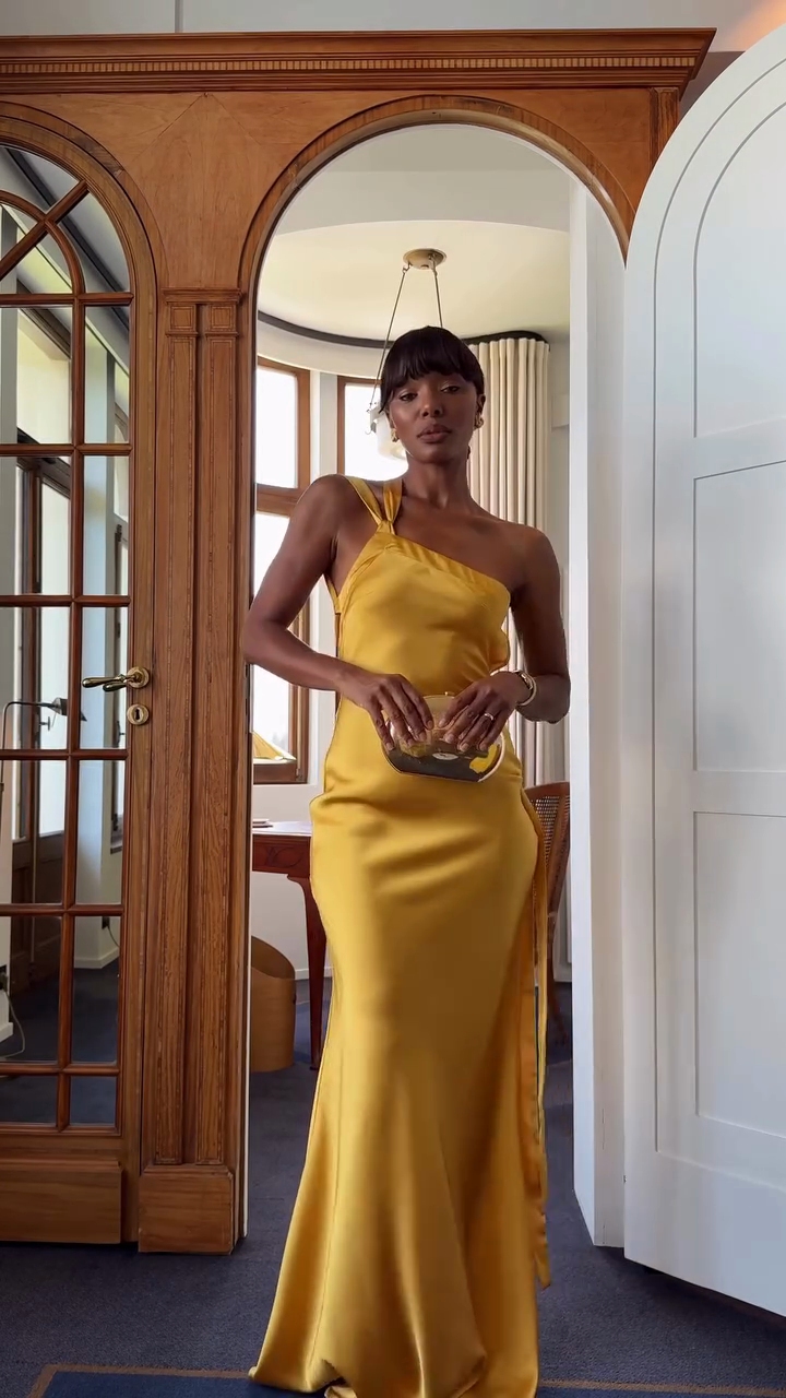 Yellow One - shoulder Satin Maxi Dress