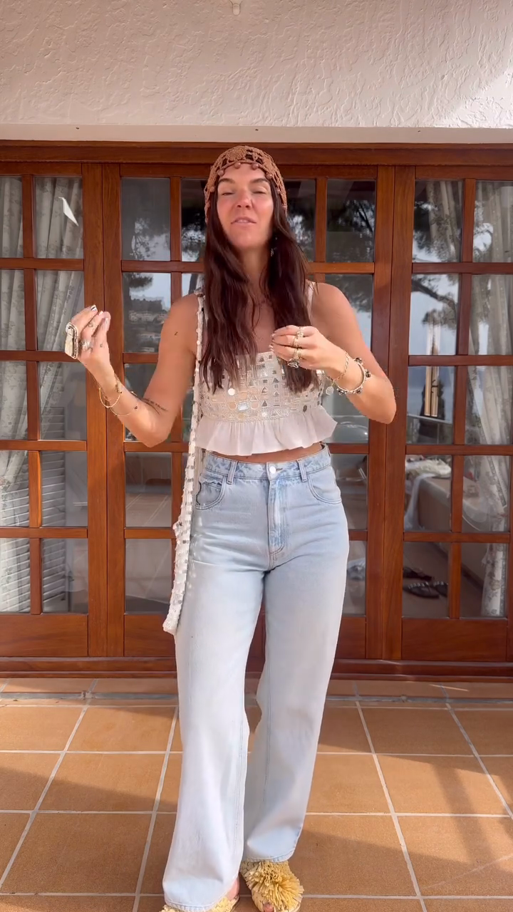 Embellished White Crop Top with Light - Blue Jeans Set