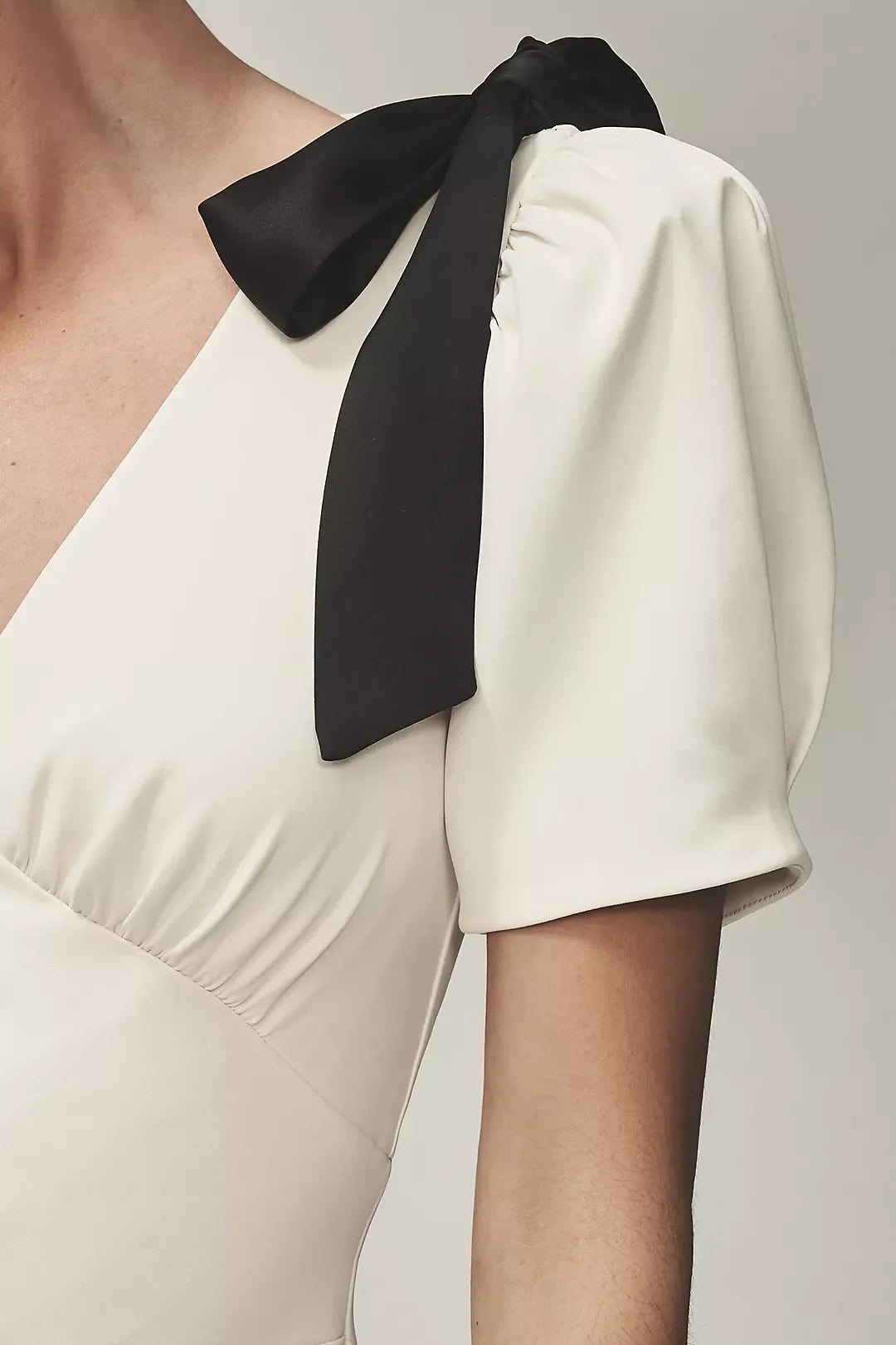 White Puff-Sleeve V-Neck Midi Dress