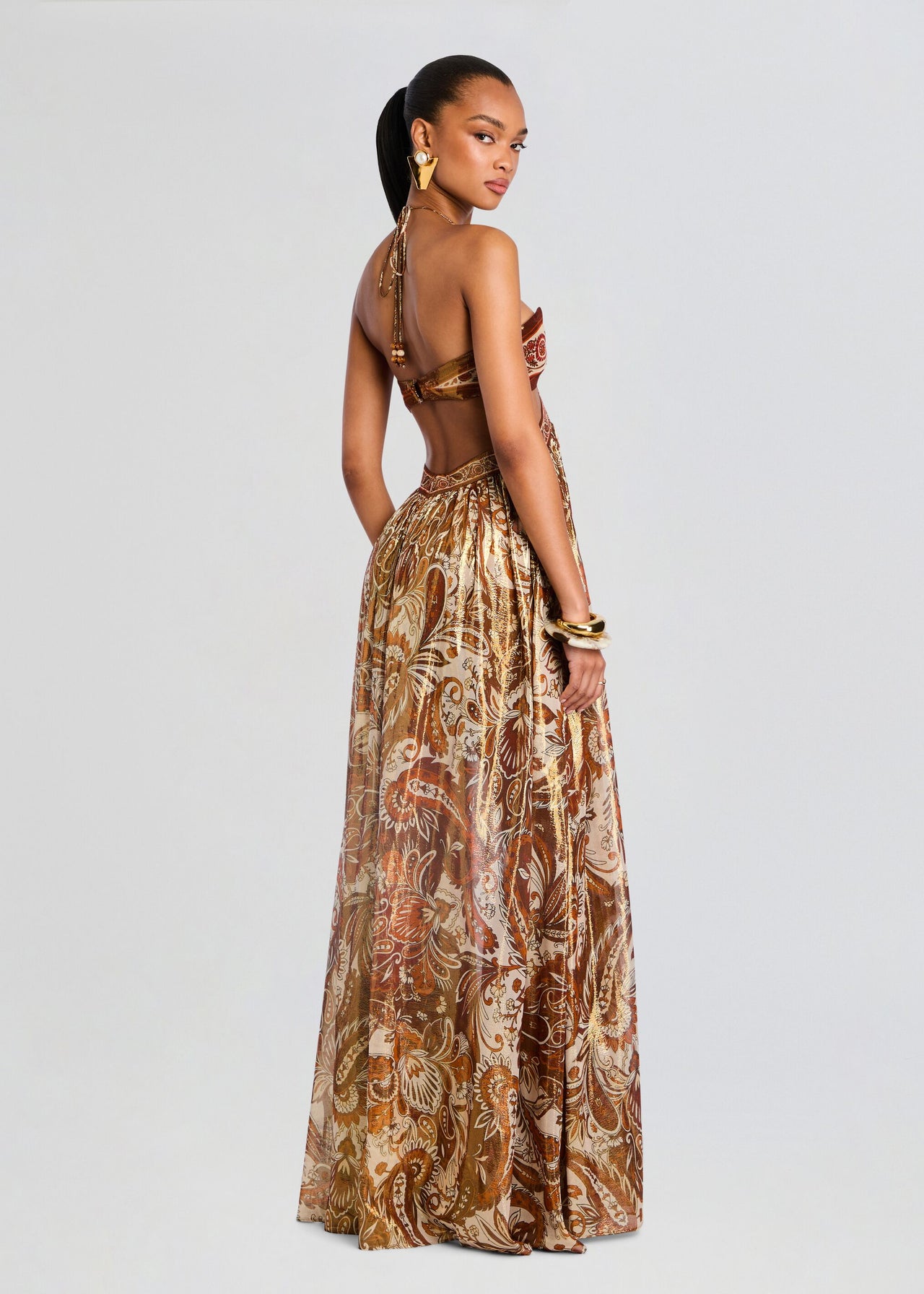 Printed Strapless Cut - Out Maxi Dress