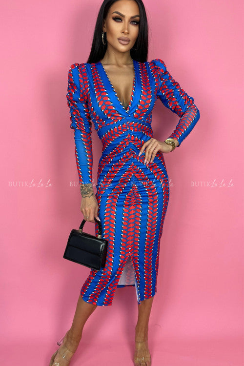 Puff Sleeve Printed Ruffled Midi Dress