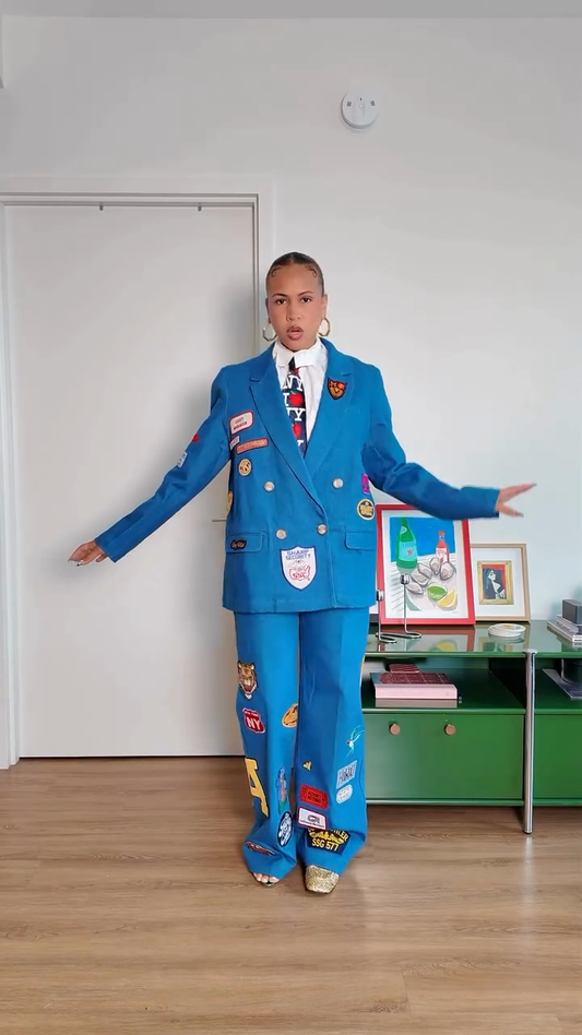 Patched Denim Blazer and Pants Set