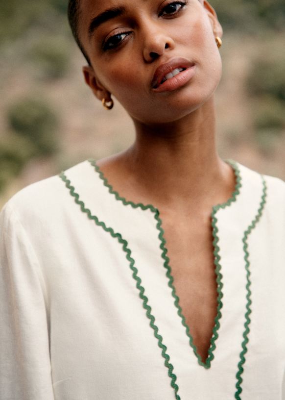 White Embroidered Short Dress with Green Detailing