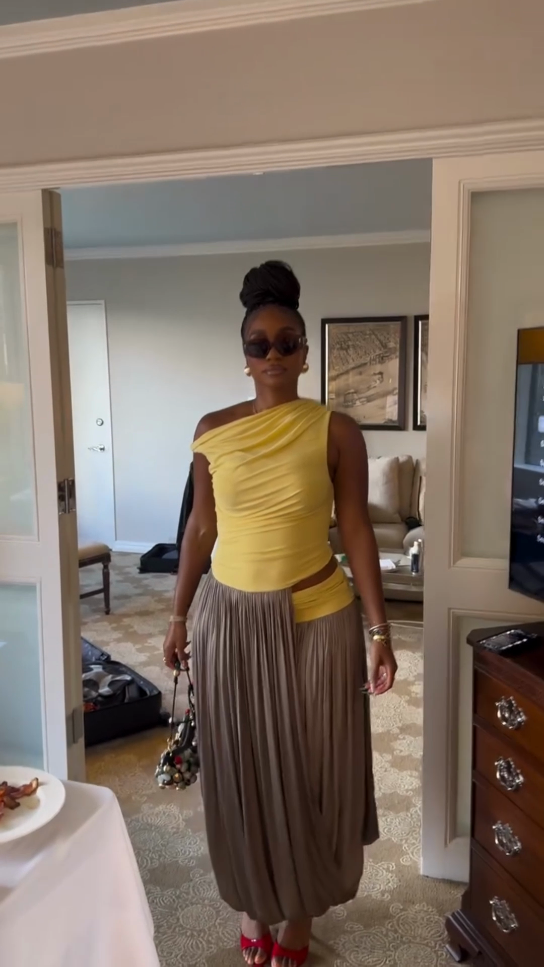 Yellow One - shoulder Top and Pleated Maxi Skirt Set