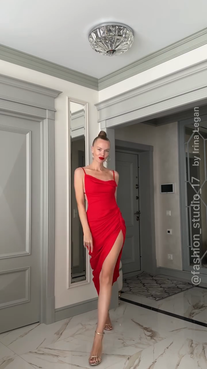 Red Spaghetti - Strap Ruched Midi Dress