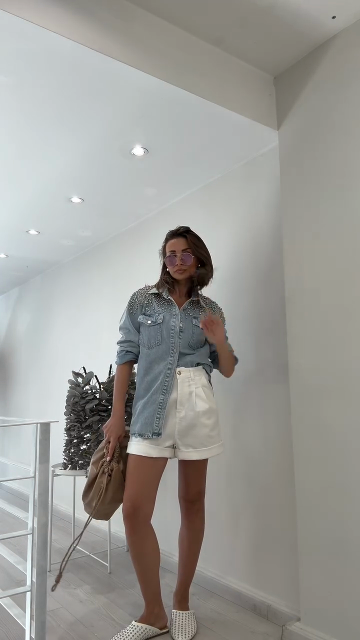 Denim Shirt Jacket with Rhinestone-Embellished Shoulders
